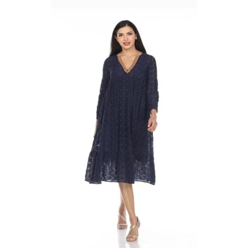 JOHNNY WAS Jade Sz S Small Navy Eyelet Embroidered Midi Dress Silk Blend